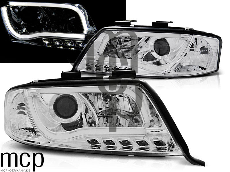 LED Tagfahrlicht Scheinwerfer Set für Audi A6 (05/1997 bis 05/2001) in Chrom