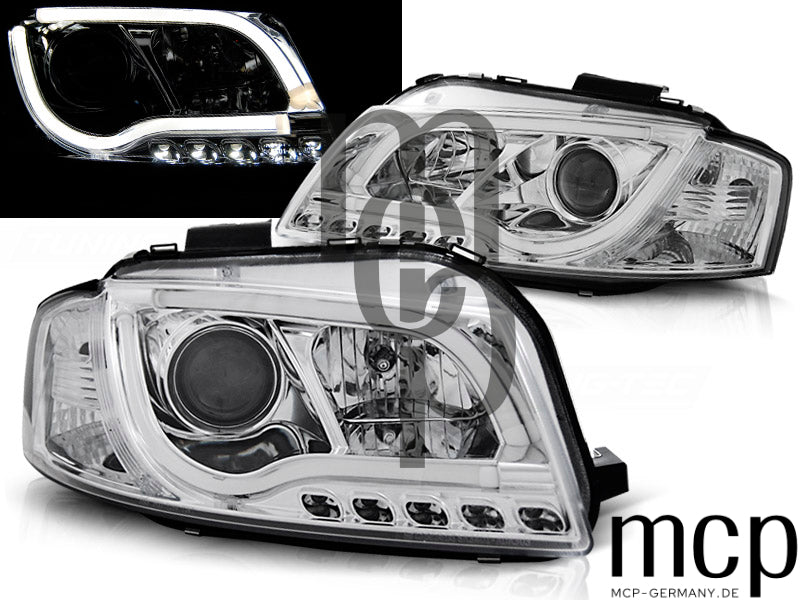 LED Tagfahrlicht Scheinwerfer Set für Audi A3 8P (05/2003 bis 03/2008) in Chrom