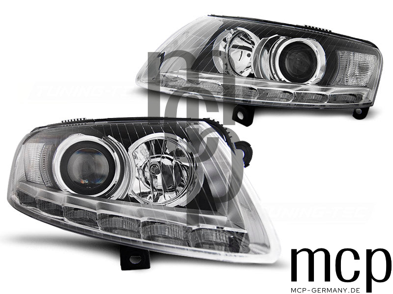 Xenon Scheinwerfer Set für Audi A6 C6 (04/2004 bis 2008) in Chrom mit LED Tagfahrlicht