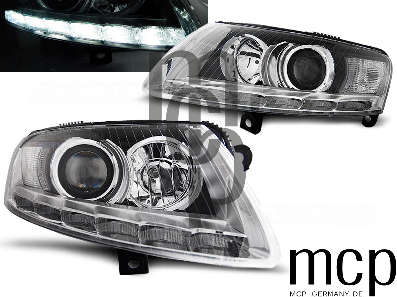 Xenon Scheinwerfer Set für Audi A6 C6 (04/2004 bis 2008) in Chrom mit LED Tagfahrlicht