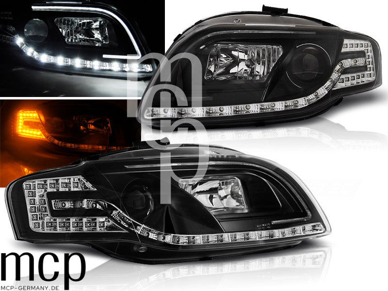 LED Tagfahrlicht Scheinwerfer Set für Audi A4 B7 (11/2004 bis 03/2008) in Schwarz