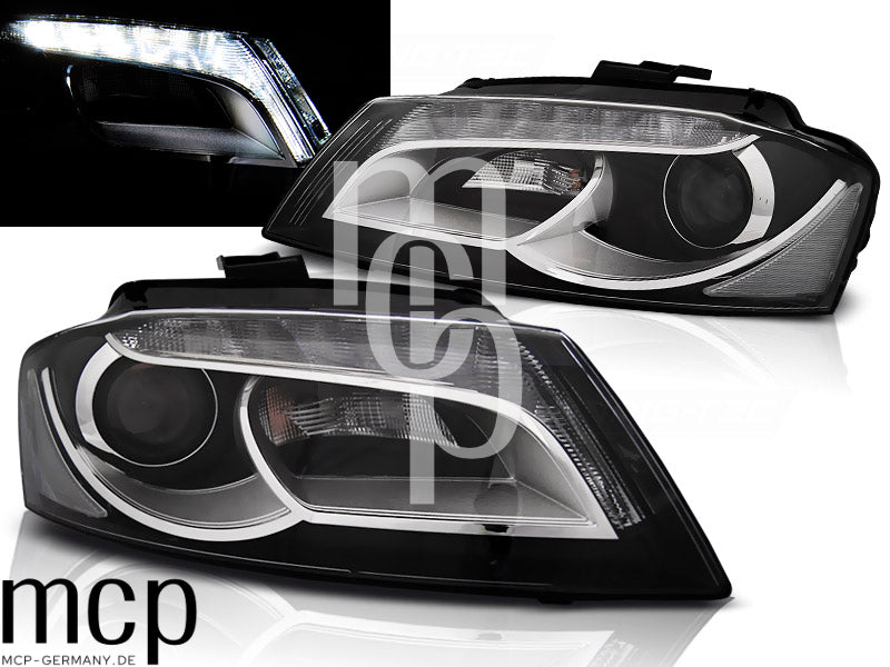 LED Tagfahrlicht Scheinwerfer Set für Audi A3 8P und 8PA Sportback (07/08 bis 08/12) in Schwarz