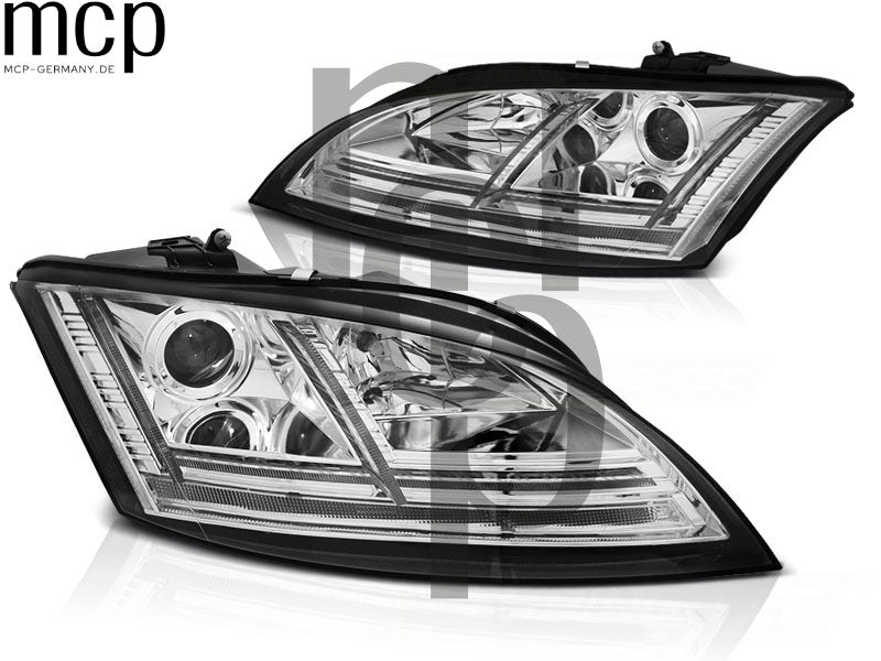 LED Tagfahrlicht Scheinwerfer Set für Audi TT 8J (2006 bis 2010) in Chrom mit dynamischen LED Blinker