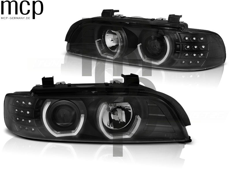 3D Angel Eyes Scheinwerfer Set für BMW 5er E39 (09/1995 bis 06/2003) in Schwarz
