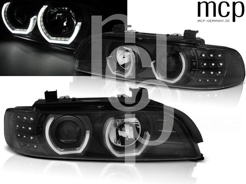3D Angel Eyes Scheinwerfer Set für BMW 5er E39 (09/1995 bis 06/2003) in Schwarz