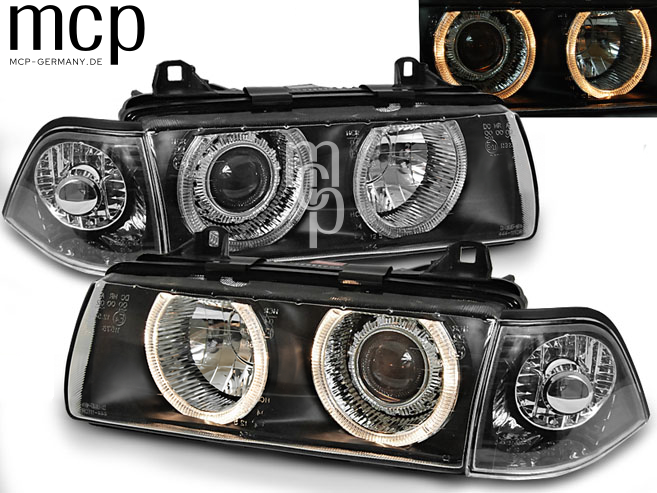 Angel Eyes Scheinwerfer Set für BMW 3er E36 Limousine / Touring / Compact (12/1990 bis 08/1999) in Schwarz – Leuchtansicht