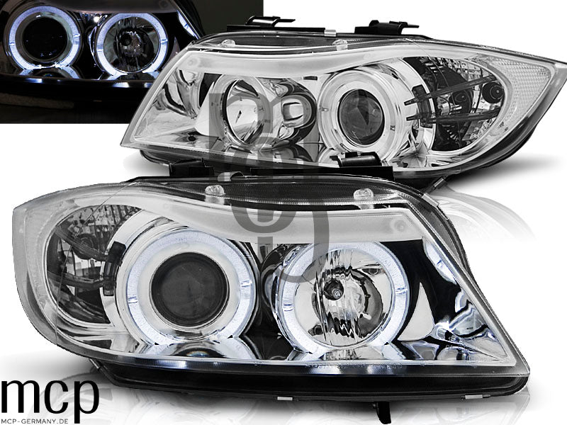 Angel Eyes Scheinwerfer Set für BMW 3er E90 Limousine / E91 Touring (03/2005 bis 08/2008) in Chrom – Hauptansicht