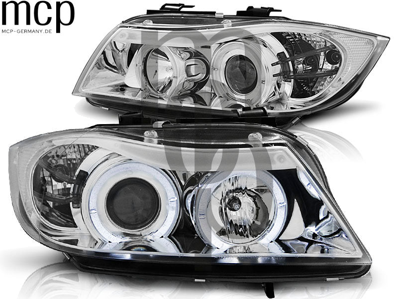 Angel Eyes Scheinwerfer Set für BMW 3er E90 Limousine / E91 Touring (03/2005 bis 08/2008) in Chrom – weitere Ansicht