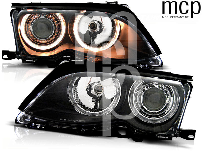 Angel Eyes Scheinwerfer Set für BMW 3er E46 Limousine / Touring (09/2001 bis 03/2005) in Schwarz