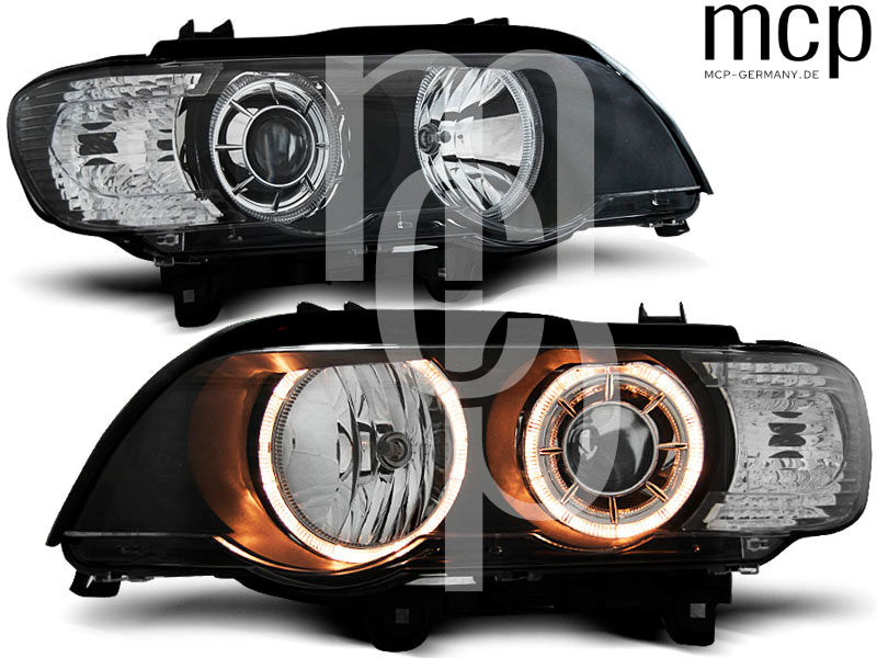 Xenon Angel Eyes Scheinwerfer Set für BMW X5 E53 (09/1999 bis 10/2003) in Schwarz – Hauptansicht