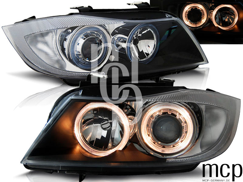 Angel Eyes Scheinwerfer Set für BMW 3er E90/E91 (2005 bis 2008) in Schwarz – Produktansicht