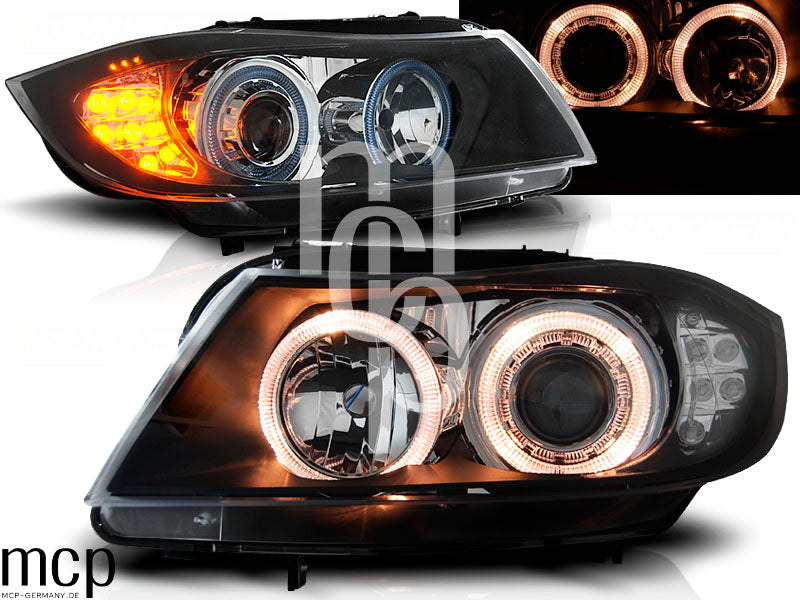 Angel Eyes Scheinwerfer Set für BMW 3er E90/E91 (03/2005 bis 08/2008) in Schwarz