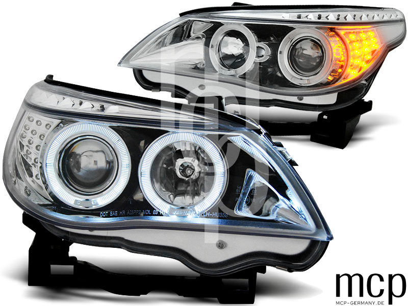 Angel Eyes Scheinwerfer Set für BMW 5er E60 Limousine / E61 Touring (2003 bis 2007) in Chrom – weitere Produktansicht