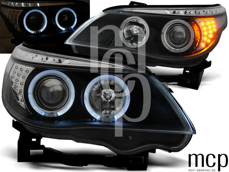 Angel Eyes Scheinwerfer Set für BMW 5er E60 Limousine / E61 Touring (2003 bis 2007) in Schwarz – Produktansicht
