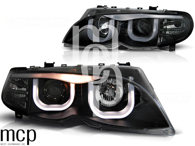 3D Angel Eyes Scheinwerfer Set für BMW 3er E46 Limousine / Touring (09/2001 bis 03/2005) in Schwarz