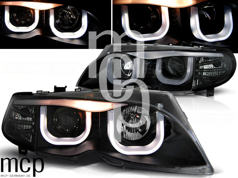 3D Angel Eyes Scheinwerfer Set für BMW 3er E46 Limousine / Touring (09/2001 bis 03/2005) in Schwarz