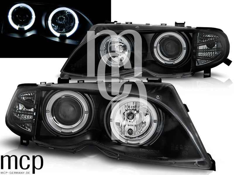 Angel Eyes Scheinwerfer Set für BMW 3er E46 Limousine / Touring (09/2001 bis 03/2005) in Schwarz