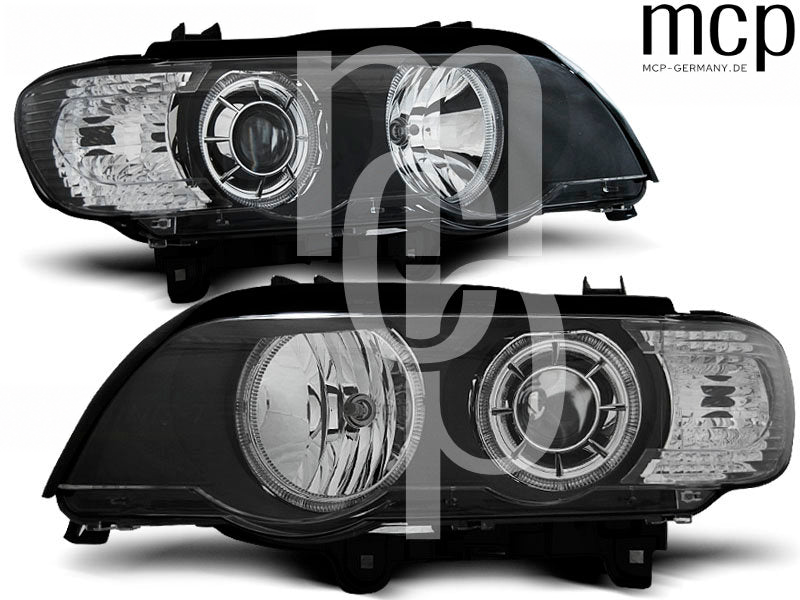 Xenon LED Angel Eyes Scheinwerfer Set für BMW X5 E53 (09/1999 bis 10/2003) in Schwarz – Produktansicht