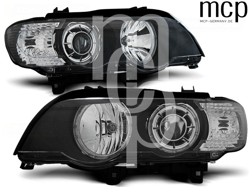 Xenon LED Angel Eyes Scheinwerfer Set für BMW X5 E53 (09/1999 bis 10/2003) in Schwarz