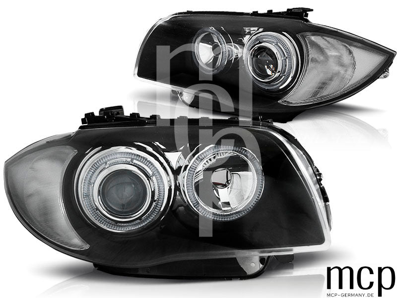 LED Angel Eyes Scheinwerfer Set für BMW 1er E81/E82/E87/E88 in Schwarz