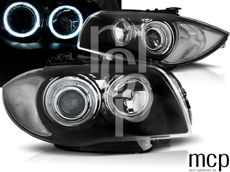 LED Angel Eyes Scheinwerfer Set für BMW 1er E81/E82/E87/E88 in Schwarz – Leuchtansicht