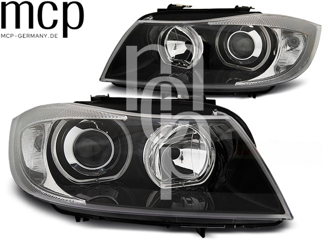 LED Angel Eyes Scheinwerfer Set für BMW 3er E90 E91 (2005 bis 2011) in Schwarz – Produktansicht