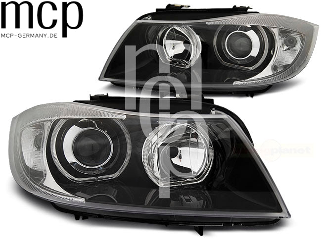 LED Angel Eyes Scheinwerfer Set für BMW 3er E90 E91 (2005 bis 2011) in Schwarz
