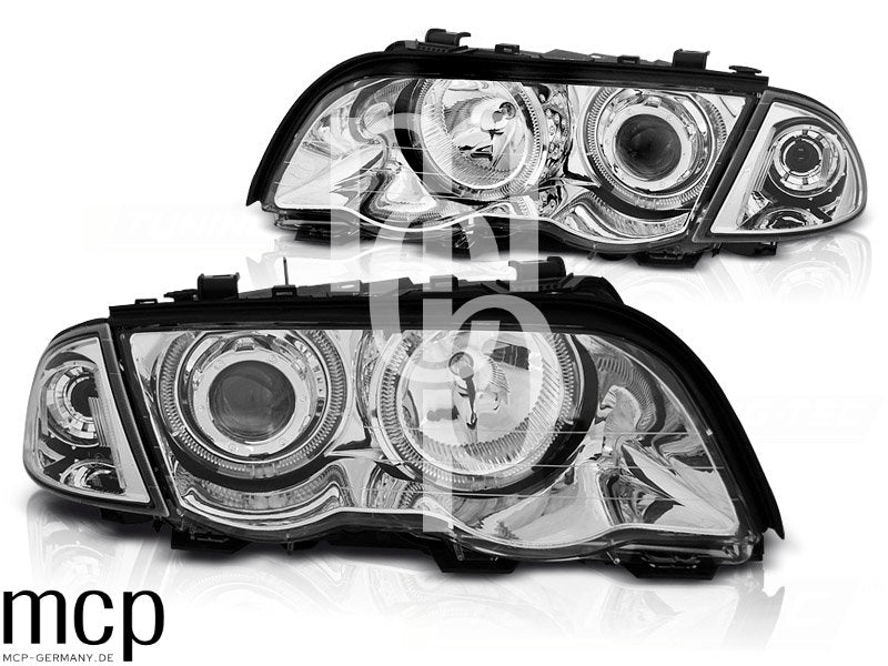 LED Angel Eyes Scheinwerfer Set für BMW 3er E46 Limousine / Touring (05/1998 bis 08/2001) in Chrom