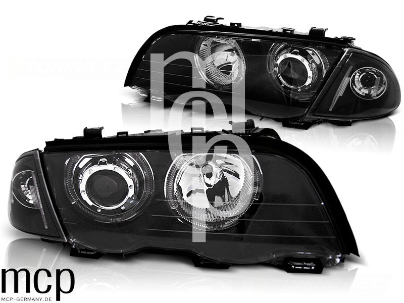 LED Angel Eyes Scheinwerfer Set für BMW 3er E46 Limousine / Touring (1998 bis 2001) in Schwarz