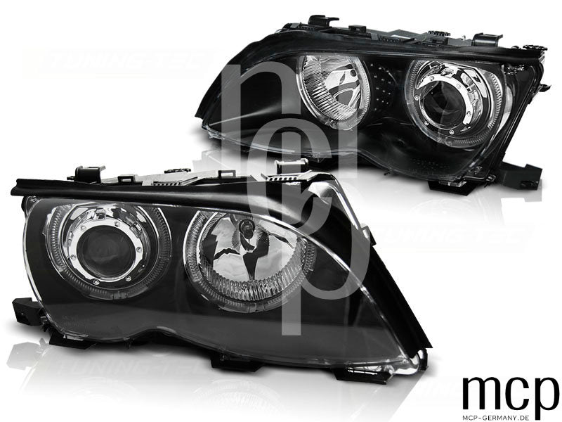 LED Angel Eyes Scheinwerfer Set für BMW 3er E46 Limousine / Touring (2001 bis 2005) in Schwarz