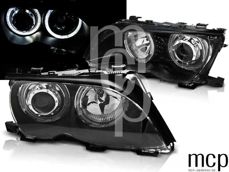 LED Angel Eyes Scheinwerfer Set für BMW 3er E46 Limousine / Touring (2001 bis 2005) in Schwarz