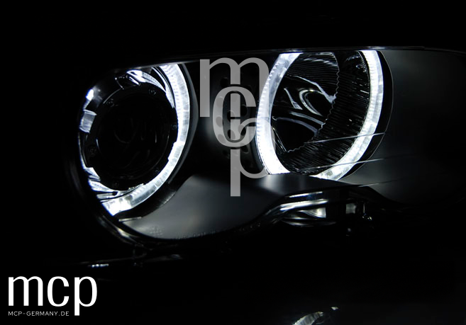 LED Angel Eyes Scheinwerfer Set für BMW 3er E46 Coupé / Cabrio (1999 bis 2003) in Schwarz – Leuchtbild