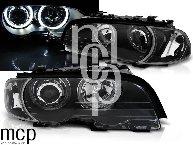 LED Angel Eyes Scheinwerfer Set für BMW 3er E46 Coupé / Cabrio (1999 bis 2003) in Schwarz