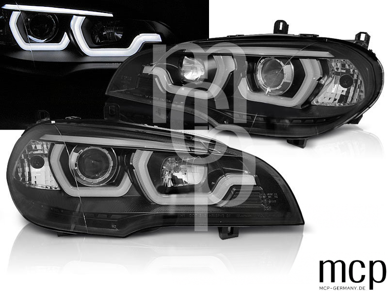 LED 3D Angel Eyes Scheinwerfer Set für BMW X5 E70 (2007 bis 2013) in Schwarz mit LED Tagfahrlicht – Produktübersicht mit Leuchtbild