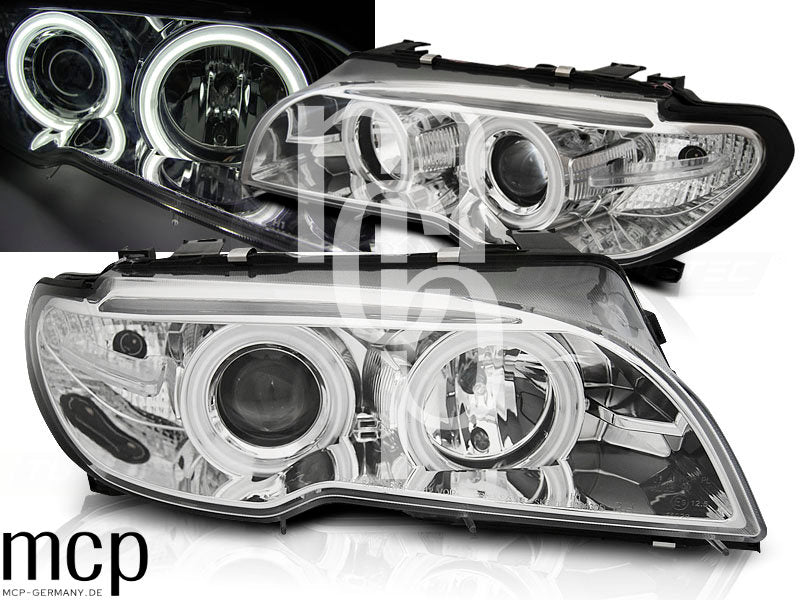 Xenon CCFL Angel Eyes Scheinwerfer Set für BMW 3er E46 Coupé / Cabrio (04/2003 bis 2006) in Chrom