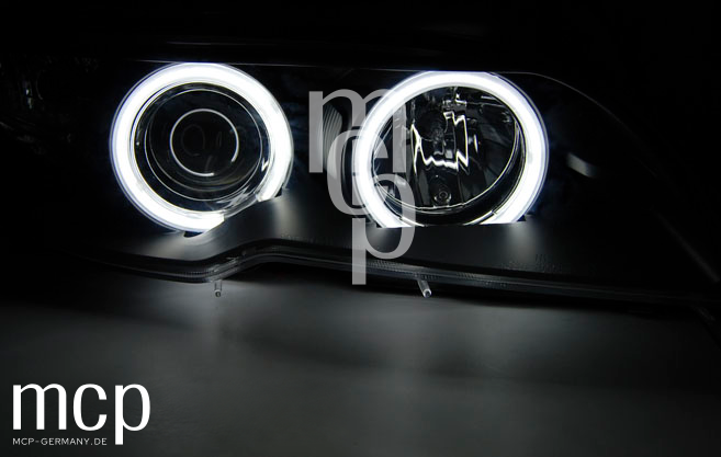 Xenon CCFL Angel Eyes Scheinwerfer Set für BMW 3er E46 Coupé / Cabrio (04/2003 bis 2006) in Schwarz – CCFL-Leuchtbild