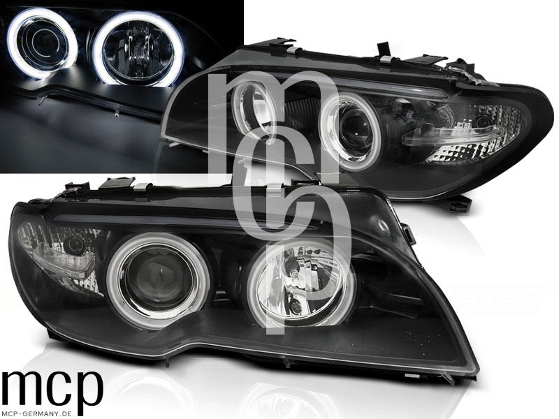 Xenon CCFL Angel Eyes Scheinwerfer Set für BMW 3er E46 Coupé / Cabrio (04/2003 bis 2006) in Schwarz