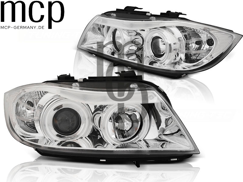 CCFL Angel Eyes Scheinwerfer Set für BMW 3er E90 Limousine / E91 Touring (03/2005 bis 08/2008) in Chrom