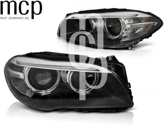 Xenon LED Angel Eyes Scheinwerfer Set für BMW 5er F10 F11 (2010 bis 07/2013) in Schwarz mit LED Tagfahrlicht