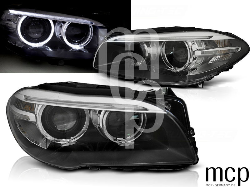 Xenon LED Angel Eyes Scheinwerfer Set für BMW 5er F10 F11 (2010 bis 07/2013) in Schwarz mit LED Tagfahrlicht