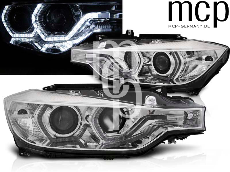 LED Angel Eyes Scheinwerfer Set für BMW 3er F30/F31 (10/2011 bis 05/2015) in Chrom mit LED Tagfahrlicht