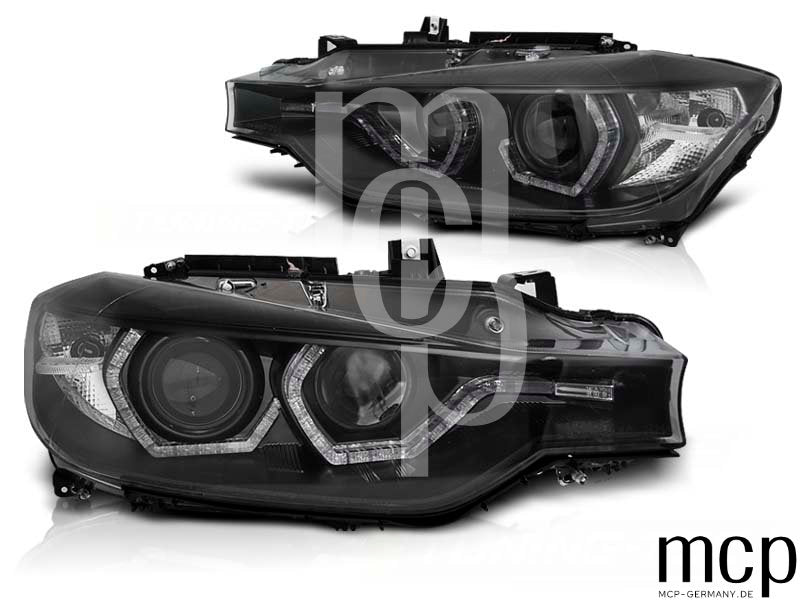 LED Angel Eyes Scheinwerfer Set für BMW 3er F30/F31 (10/2011 bis 05/2015) in Schwarz mit LED Tagfahrlicht