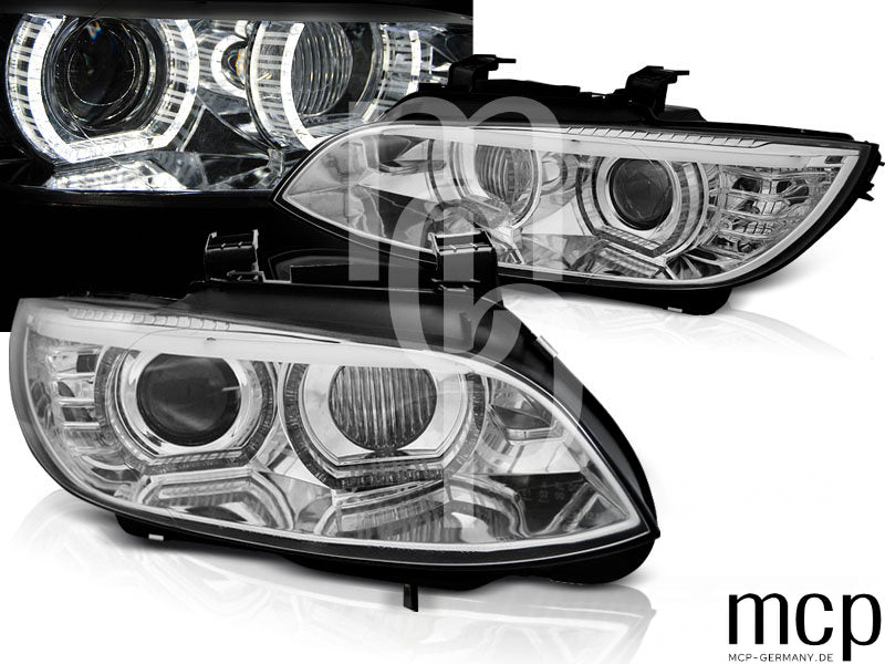 Xenon LED 3D Angel Eyes Scheinwerfer Set für BMW 3er E92 Coupé / E93 Cabrio (2006 bis 2010) in Chrom mit LED Tagfahrlicht – Leuchtbild