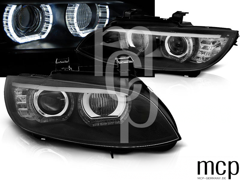 Xenon LED 3D Angel Eyes Scheinwerfer Set für BMW 3er E92 Coupé / E93 Cabrio (2006 bis 2010) in Schwarz mit LED Tagfahrlicht – Leuchtbild