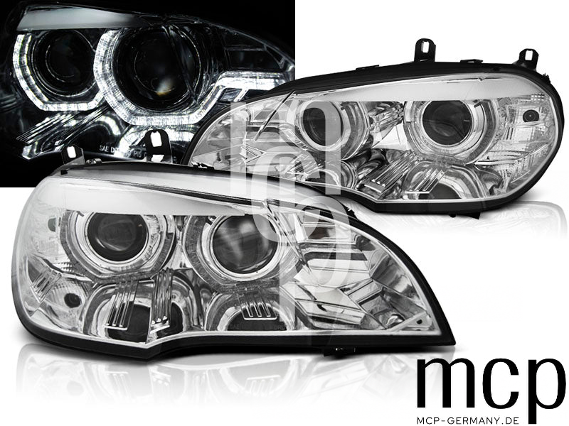 Xenon LED 3D Angel Eyes Scheinwerfer Set für BMW X5 E70 (2007 bis 2010) in Chrom mit LED Tagfahrlicht – Alt2 MCP Bereinigt