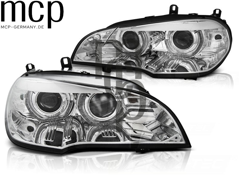 Xenon LED 3D Angel Eyes Scheinwerfer Set für BMW X5 E70 (2007 bis 2010) in Chrom mit LED Tagfahrlicht