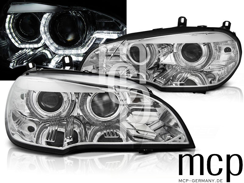 Xenon LED 3D Angel Eyes Scheinwerfer Set für BMW X5 E70 (2007 bis 2010) in Chrom mit LED Tagfahrlicht