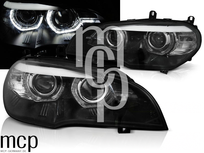Xenon LED Angel Eyes Scheinwerfer Set für BMW X5 E70 (2007 bis 2010) in Schwarz – Alt1 MCP Bereinigt