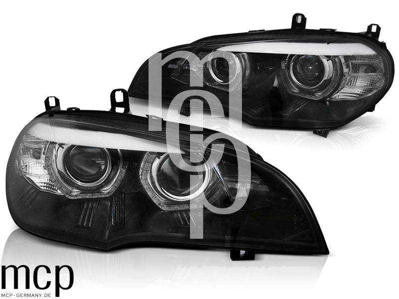 Xenon LED Angel Eyes Scheinwerfer Set für BMW X5 E70 (2007 bis 2010) in Schwarz – Alt2 MCP Bereinigt