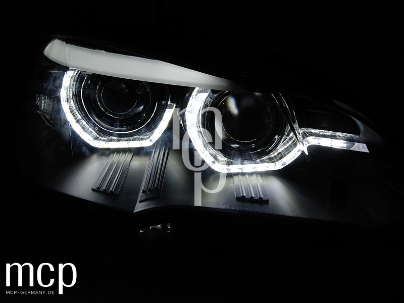 Xenon LED Angel Eyes Scheinwerfer Set für BMW X5 E70 (2007 bis 2010) in Schwarz – MCP Zusatz 02 Leuchtbild Detail